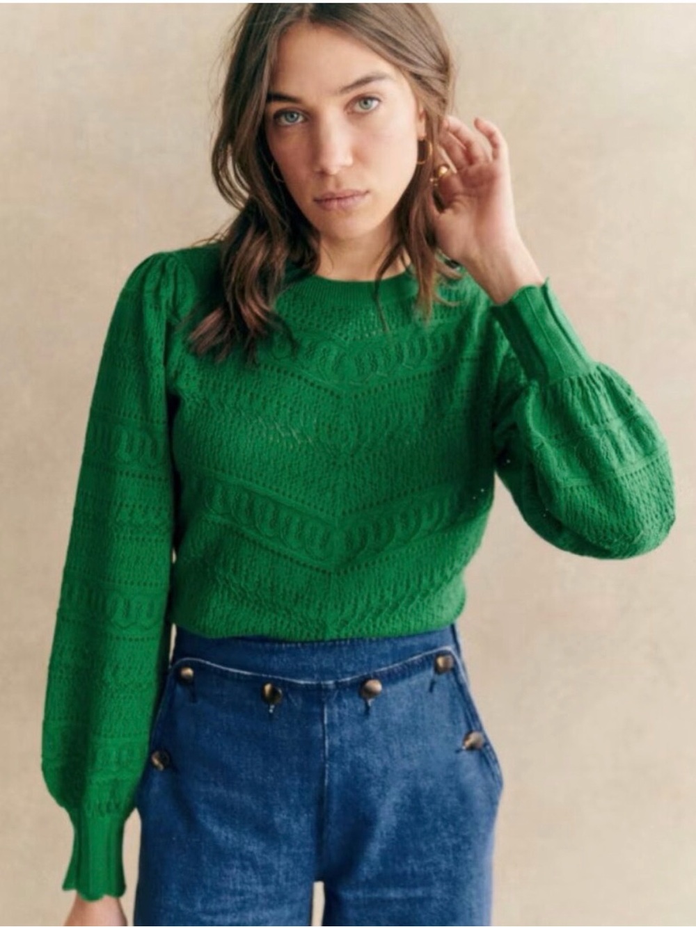 Sezane NWT Soline Crochet Cotton Sweater Jumper Pullover Knit Green Womens Sz XS